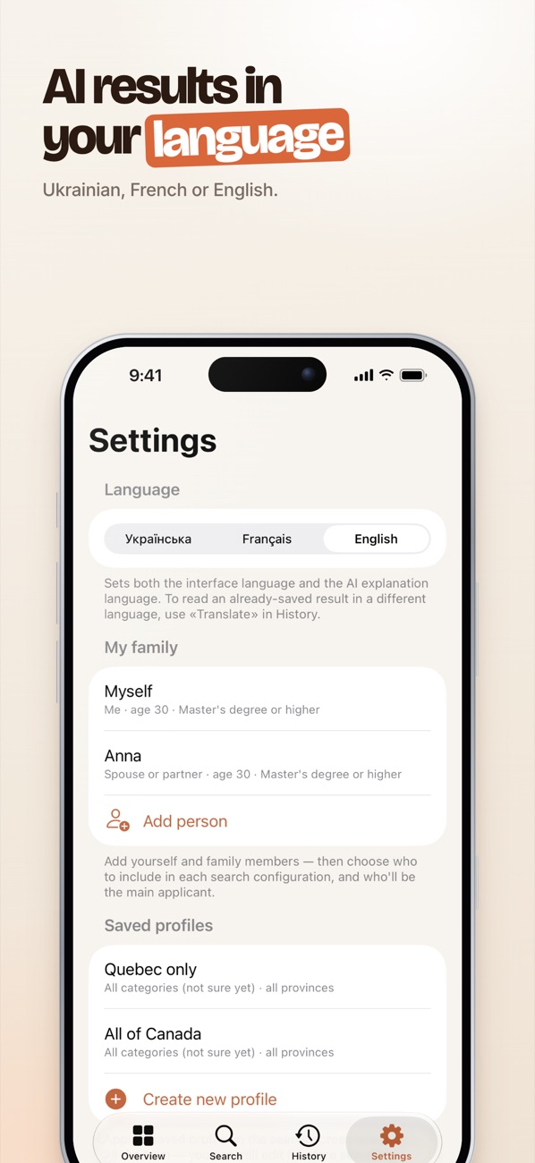 Settings and profile