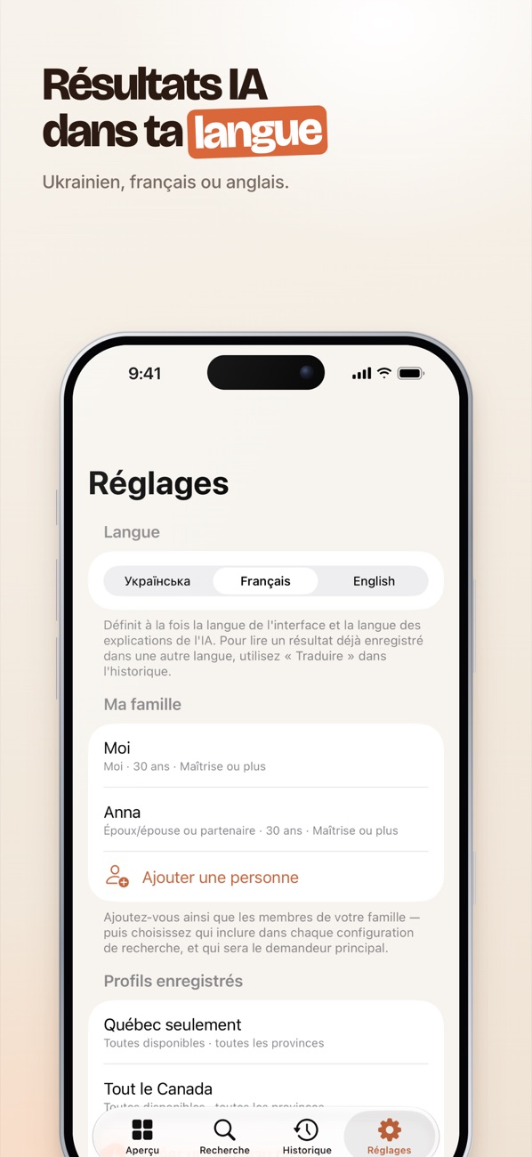 Réglages et profil